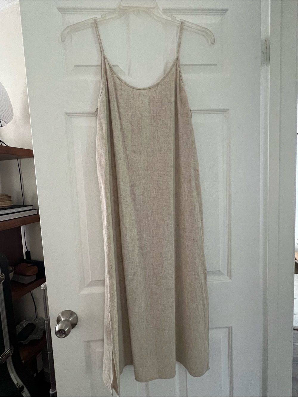 Beige Linen-Blend Spaghetti Strap Slip Dress